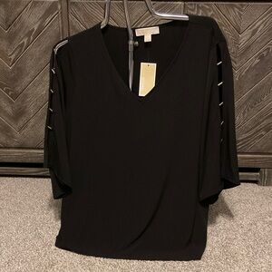 Michael Kors Black V-Neck Blouse with Sleeve Accents